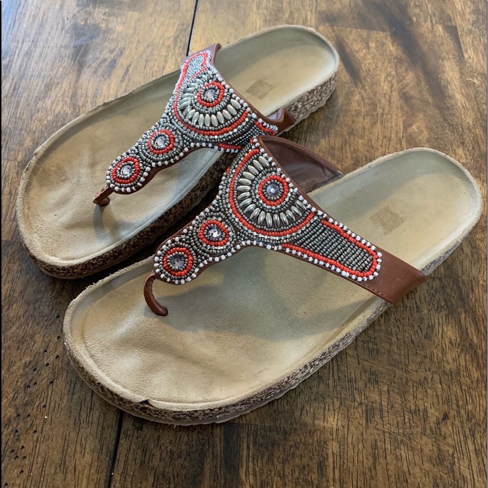 Cute Brown Beaded Birkenstock Style Sandals - Womens Size 9.5